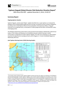 Typhoon Hagupit (Ruby) Disaster Risk Reduction Situation Report1 DRR Sitrep 2014‐002 ‐ Updated December 4, 2014, 15:00 CET