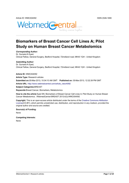 Biomarkers of Breast Cancer Cell Lines A; Pilot Study on Human Breast Cancer Metabolomics
