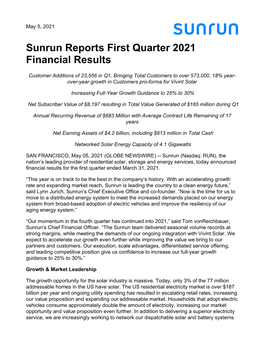 Sunrun Reports First Quarter 2021 Financial Results