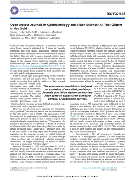 Open Access Journals in Ophthalmology and Vision Science: All That Glitters Is Not Gold Jimmy T