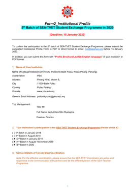 Form2 Institutional Profile 5Th Batch of SEA-TVET Student Exchange Programme in 2020