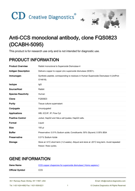 Anti-CCS Monoclonal Antibody, Clone FQS0823 (DCABH-5095) This Product Is for Research Use Only and Is Not Intended for Diagnostic Use