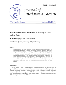 Aspects of Muscular Christianity in Norway and the United States a Historiographical Comparison Nils Martinius Justvik, University of Agder, Norway