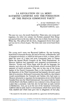 Raymond Lefebvre and the Formation of the French Communist Party1
