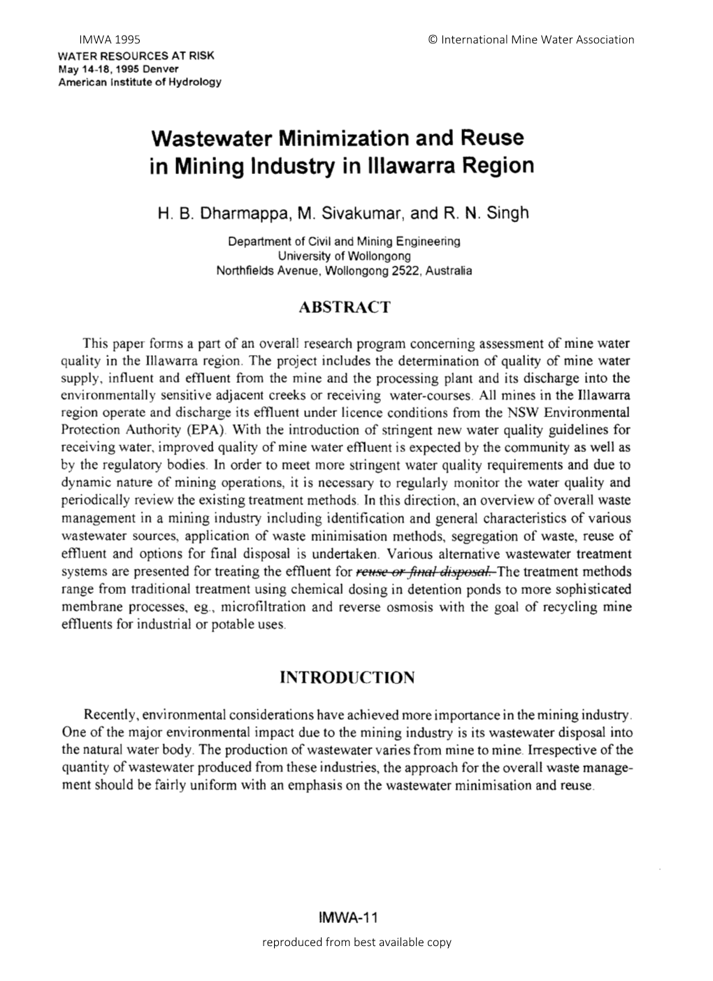 Wastewater Minimization and Reuse in Mining Industry in Illawarra Region