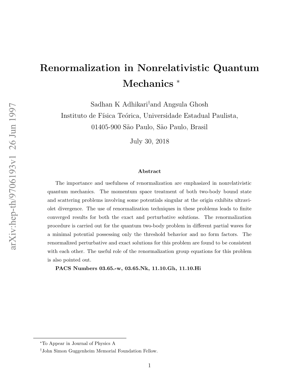 Renormalization in Nonrelativistic Quantum Mechanics