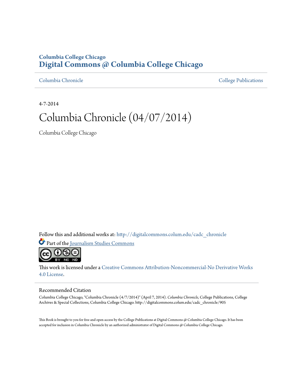 Columbia Chronicle (04/07/2014) Columbia College Chicago