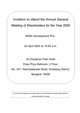 Invitation to Attend the Annual General Meeting of Shareholders for the Year 2020