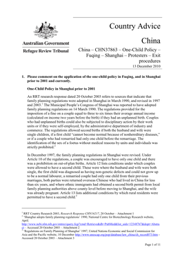 Country Advice China China – CHN37863 – One-Child Policy –