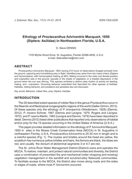 Ethology of Proctacanthus Fulviventris Macquart, 1850 (Diptera: Asilidae) in Northeastern Florida, U.S.A