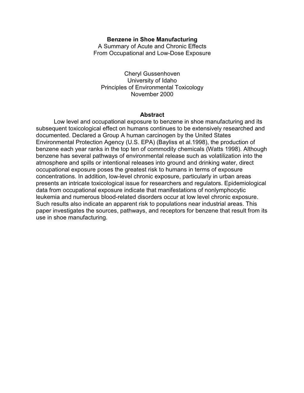 Benzene in Shoe Manufacturing a Summary of Acute and Chronic Effects from Occupational and Low-Dose Exposure