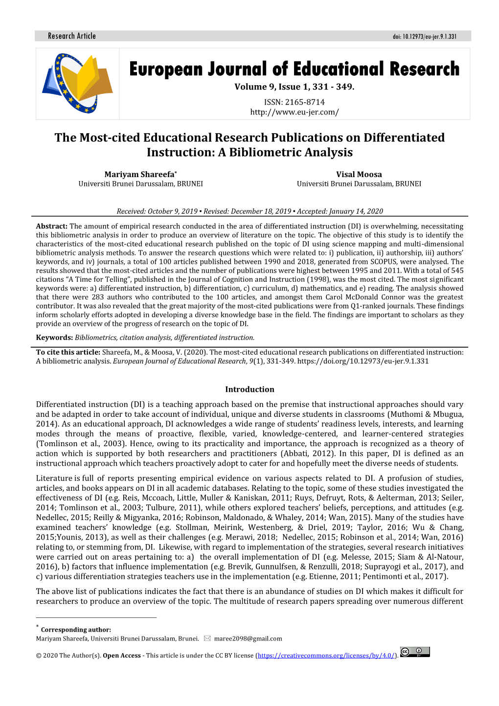 European Journal of Educational Research Volume 9, Issue 1, 331 - 349