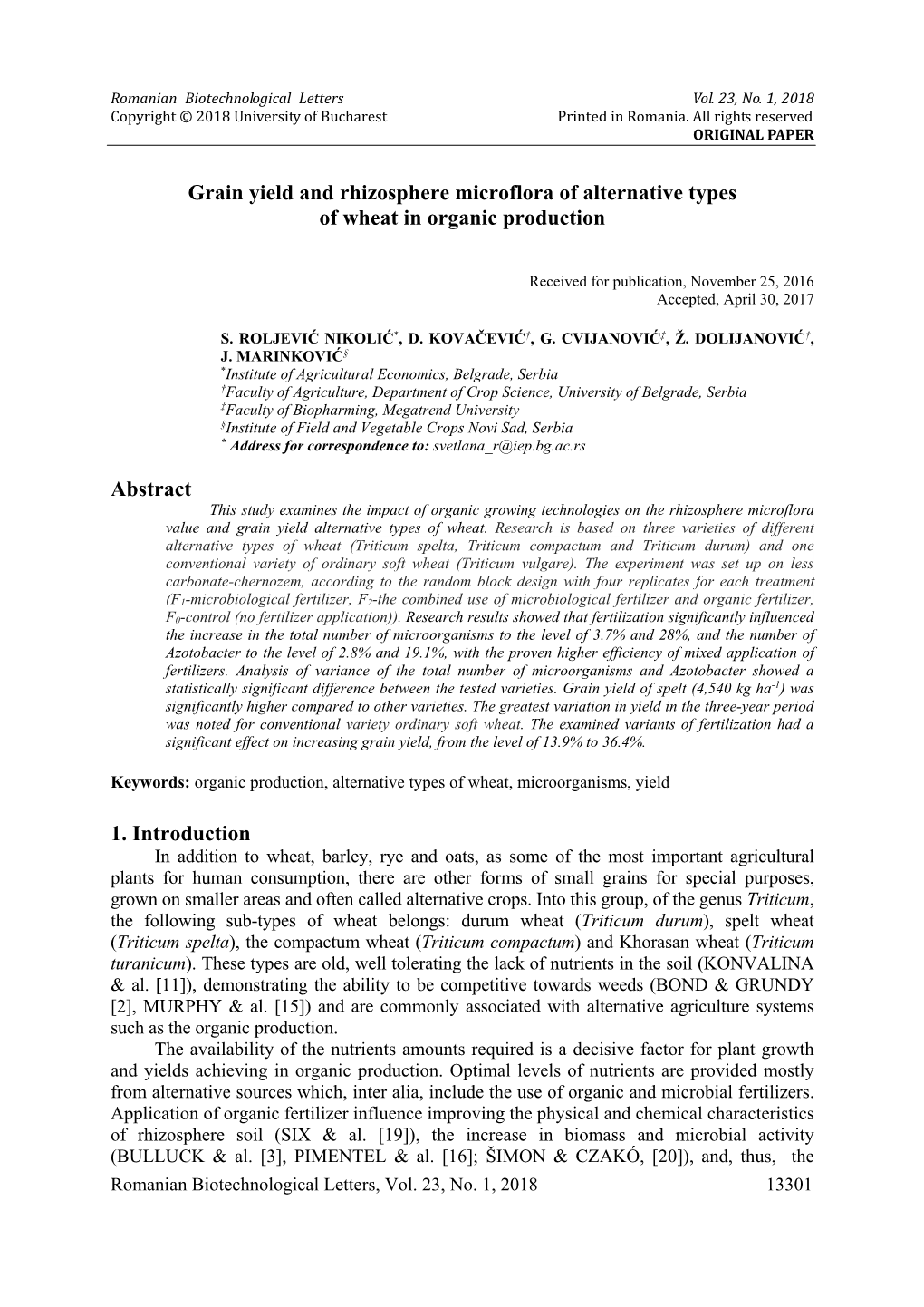 Grain Yield and Rhizosphere Microflora of Alternative Types of Wheat in Organic Production