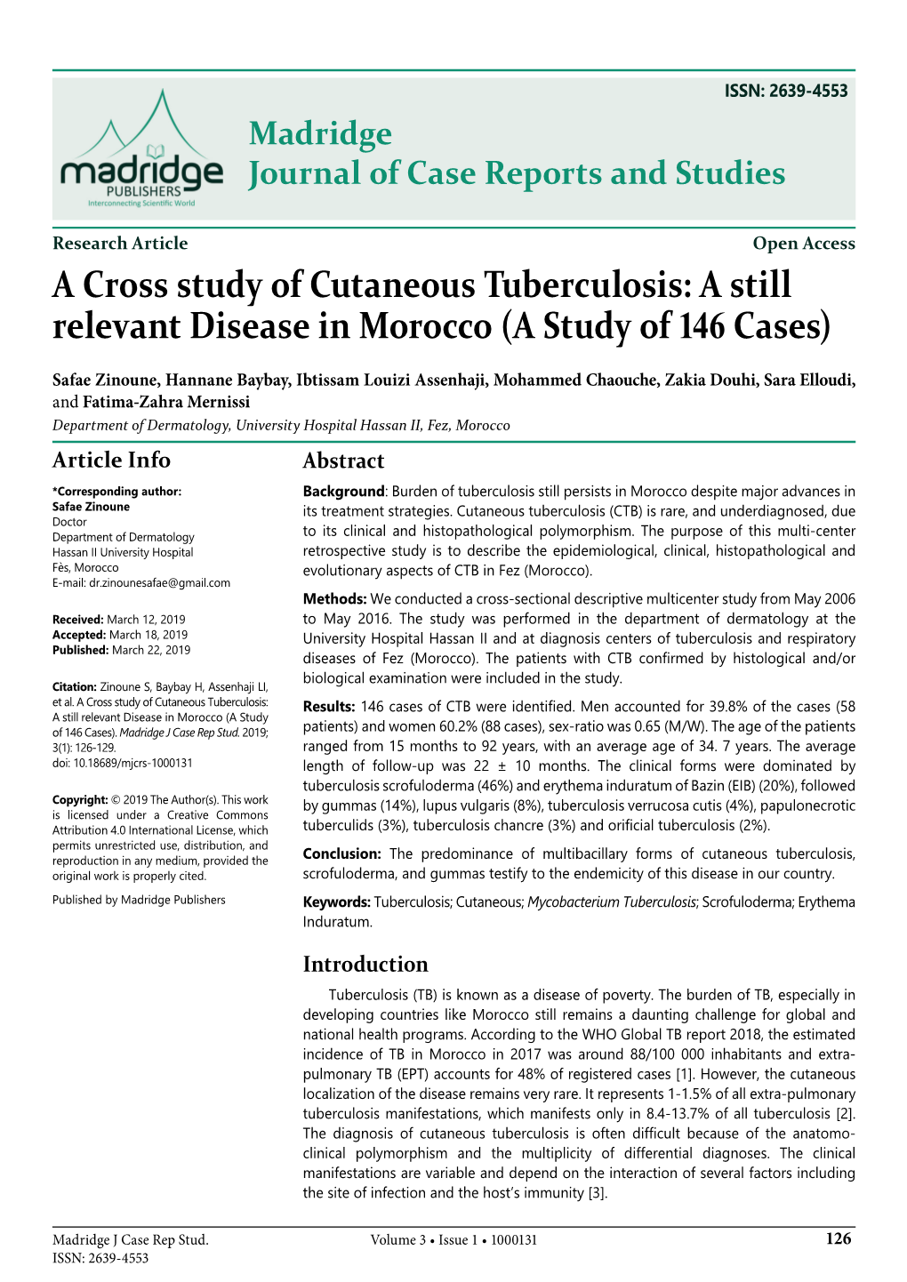 A Cross Study of Cutaneous Tuberculosis: a Still Relevant Disease in Morocco (A Study of 146 Cases)