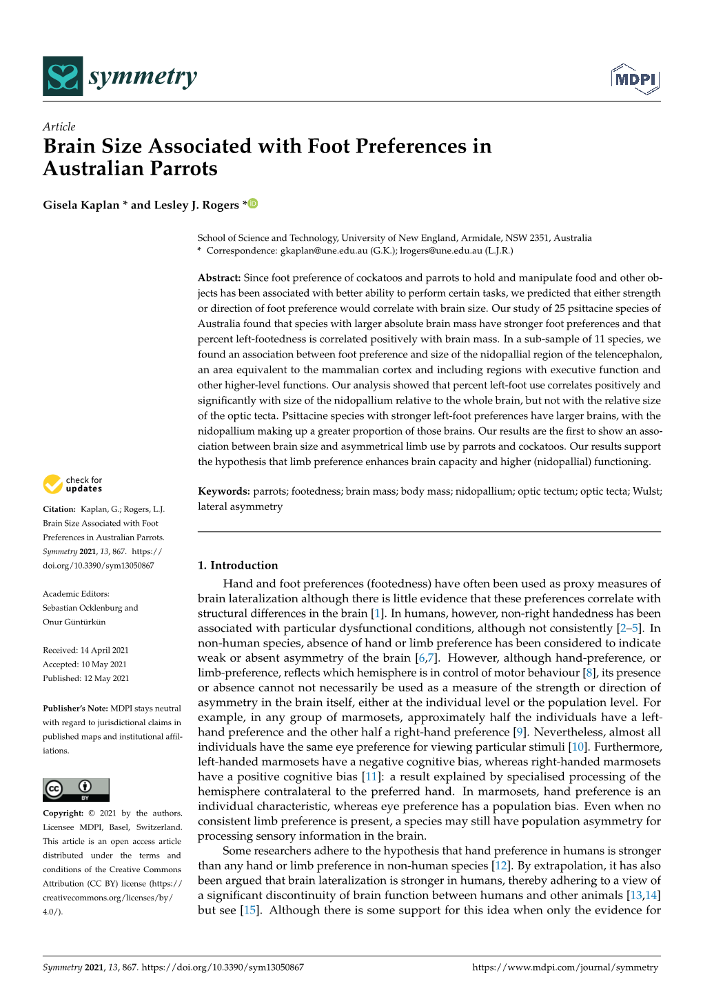 Brain Size Associated with Foot Preferences in Australian Parrots