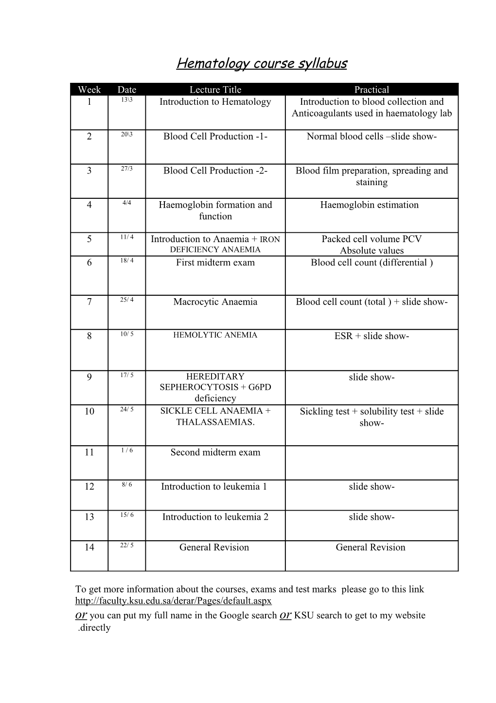 Hematology Course Syllabus