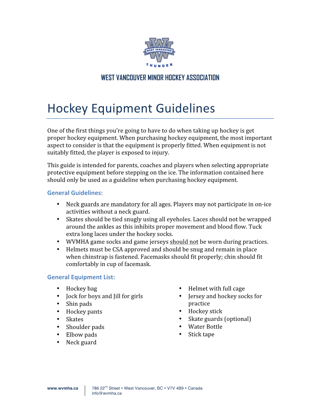 Hockey Equipment Guidelines