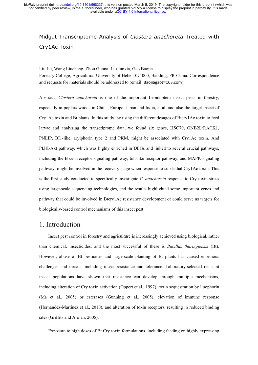 Midgut Transcriptome Analysis of Clostera Anachoreta Treated with Cry1ac Toxin