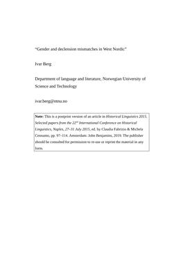 “Gender and Declension Mismatches in West Nordic” Ivar Berg