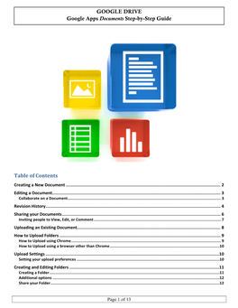 GOOGLE DRIVE Google Apps Documents Step-By-Step Guide Table of Contents