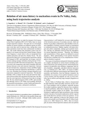 Relation of Air Mass History to Nucleation Events in Po Valley, Italy, Using Back Trajectories Analysis