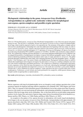 Zootaxa, Phylogenetic Relationships in the Genus Astropecten Gray