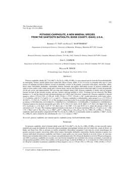 Potassic-Carpholite, a New Mineral Species from the Sawtooth Batholith, Boise County, Idaho, U.S.A