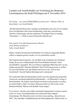 Laudatio Auf Arnold Stadler Zur Verleihung Des Bodensee- Literaturpreises Der Stadt Überlingen Am 9. November 2014