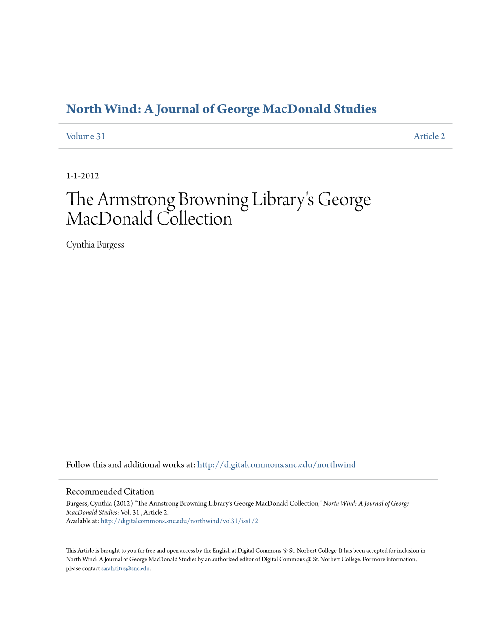 The Armstrong Browning Library's George Macdonald Collection Cynthia Burgess