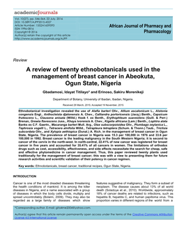 A Review of Twenty Ethnobotanicals Used in the Management of Breast Cancer in Abeokuta, Ogun State, Nigeria