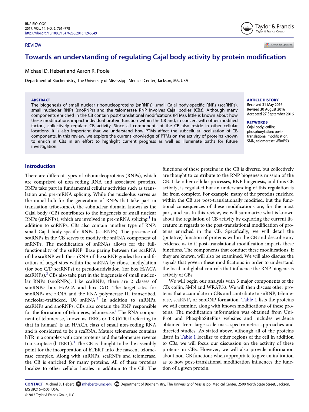 Towards an Understanding of Regulating Cajal Body Activity by Protein Modiﬁcation