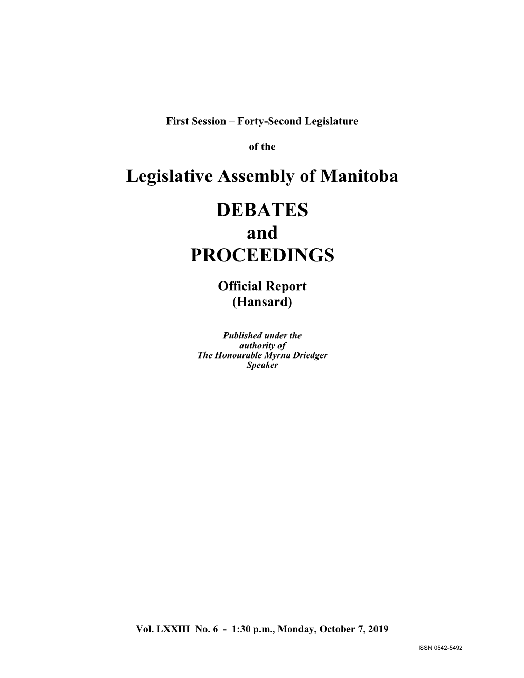 Legislative Assembly of Manitoba DEBATES and PROCEEDINGS