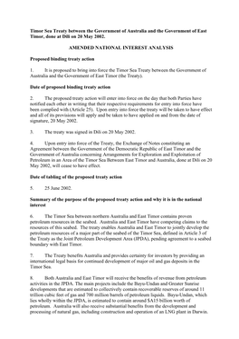 Timor Sea Treaty Between the Government of Australia and the Government of East Timor, Done at Dili on 20 May 2002