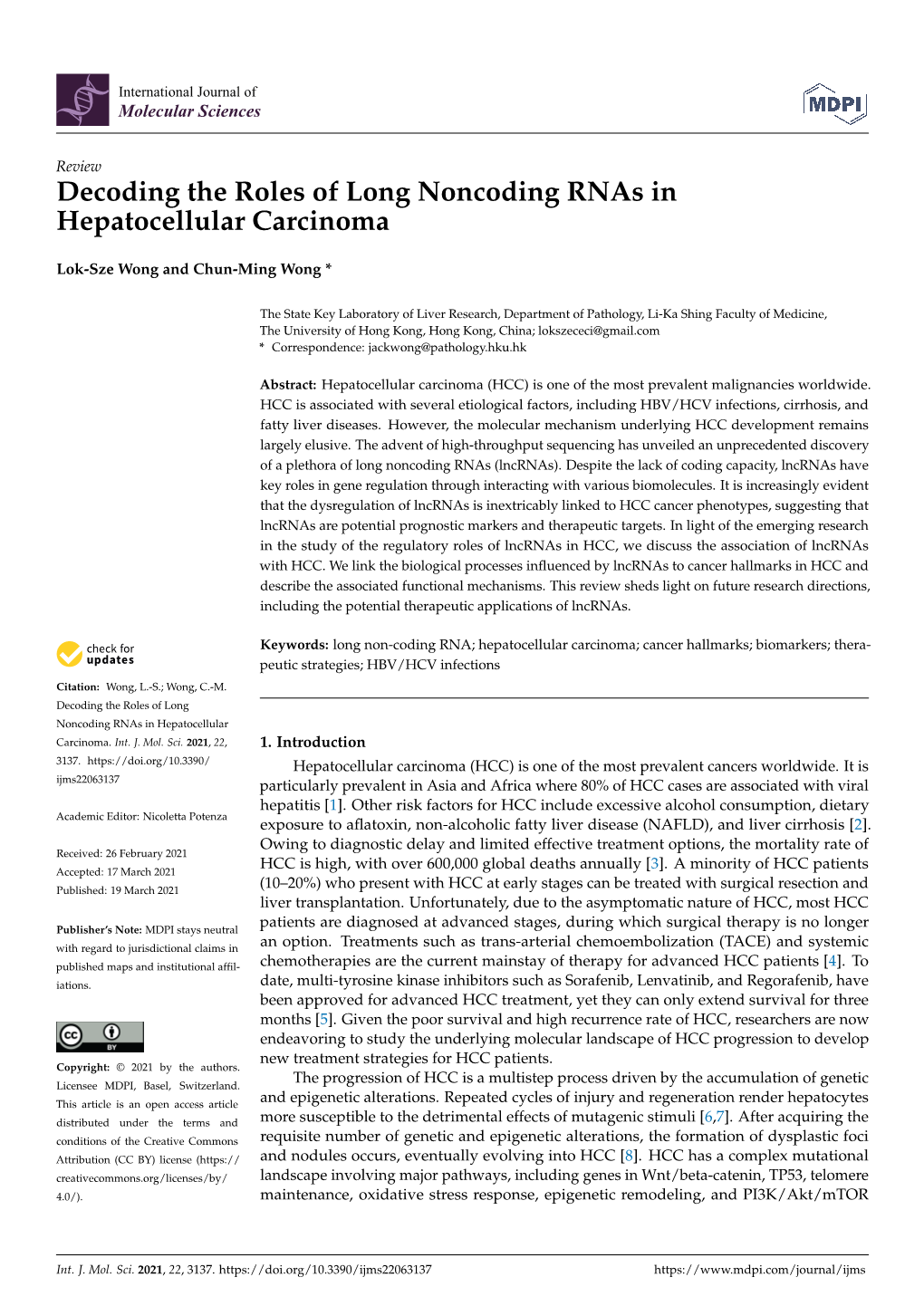 Decoding the Roles of Long Noncoding Rnas in Hepatocellular Carcinoma