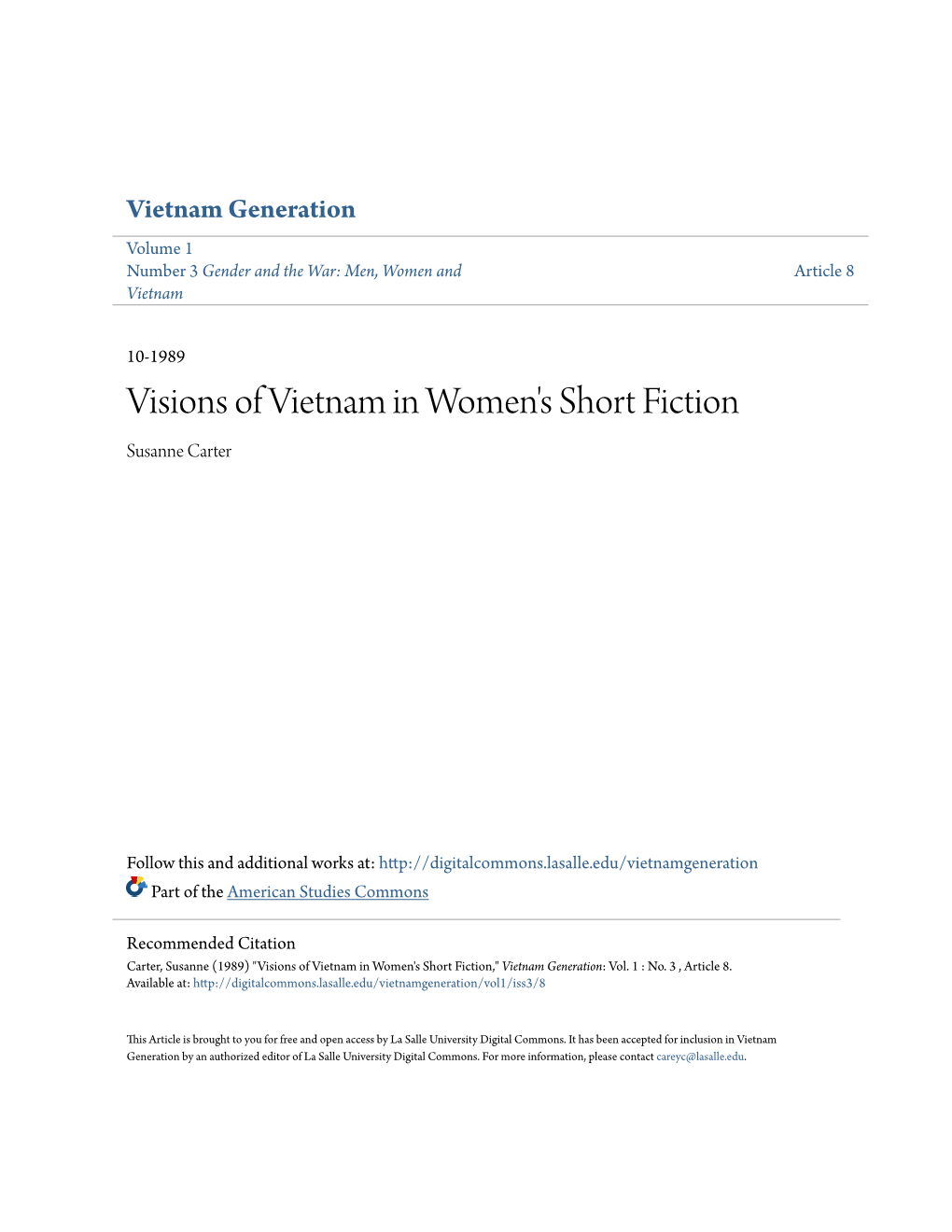 Visions of Vietnam in Women's Short Fiction Susanne Carter