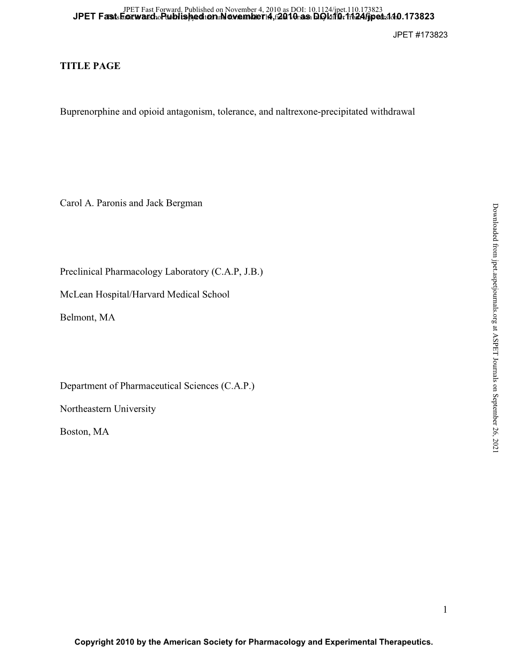 1 TITLE PAGE Buprenorphine and Opioid Antagonism, Tolerance
