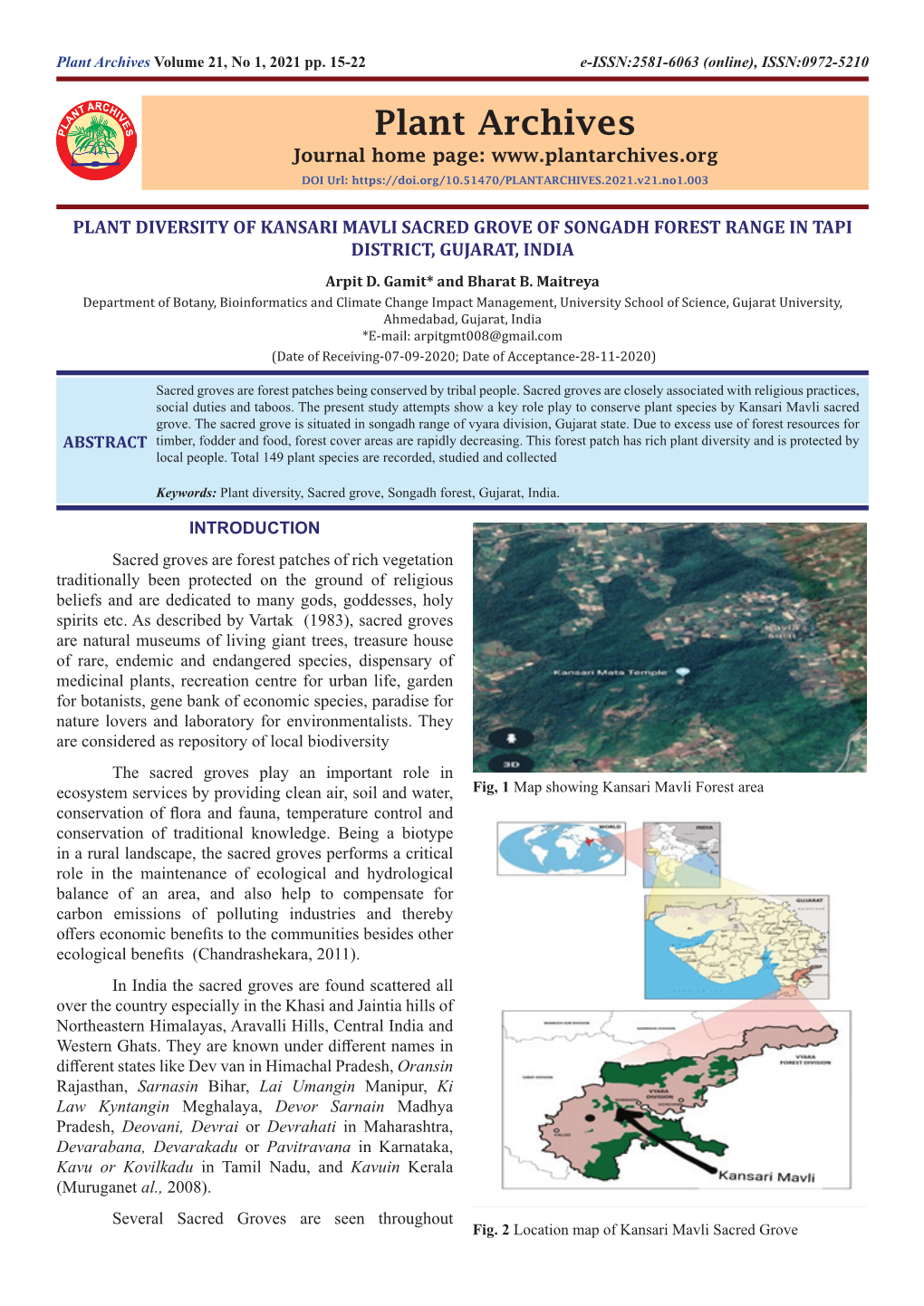 PLANT DIVERSITY of KANSARI MAVLI SACRED GROVE of SONGADH FOREST RANGE in TAPI DISTRICT, GUJARAT, INDIA Arpit D