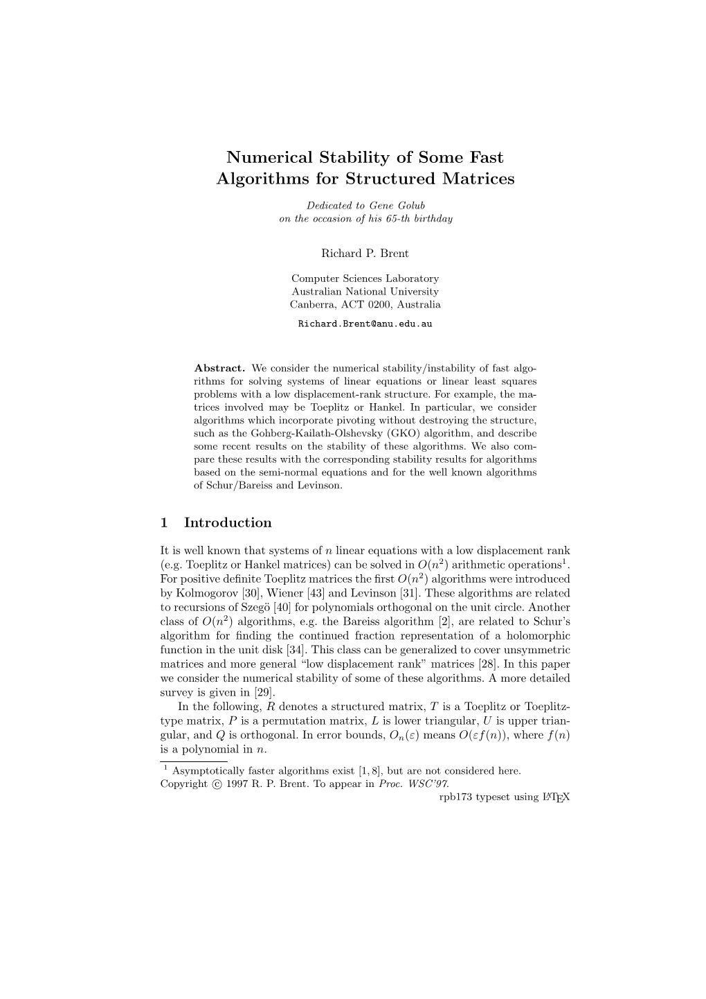 Numerical Stability of Some Fast Algorithms for Structured Matrices