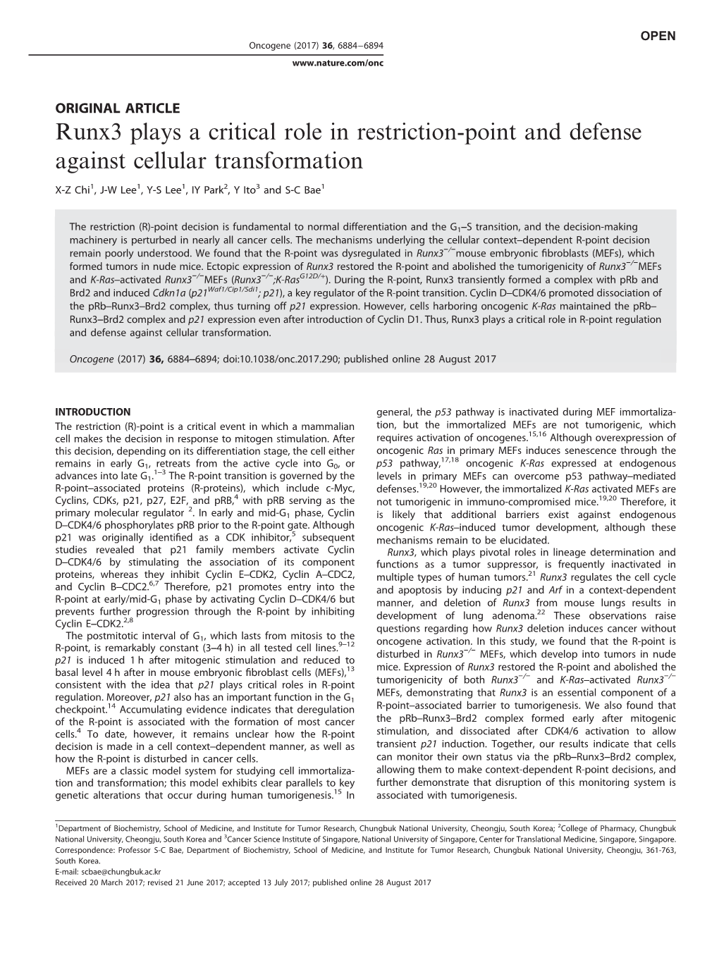Runx3 Plays a Critical Role in Restriction-Point and Defense Against Cellular Transformation