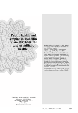 Public Health and Empire in Isabellin Spain (1833-68)