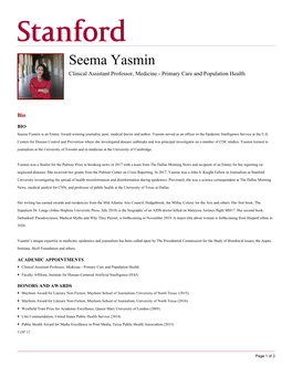 Seema Yasmin Clinical Assistant Professor, Medicine - Primary Care and Population Health