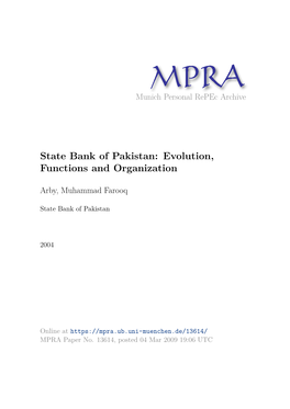 State Bank of Pakistan: Evolution, Functions and Organization