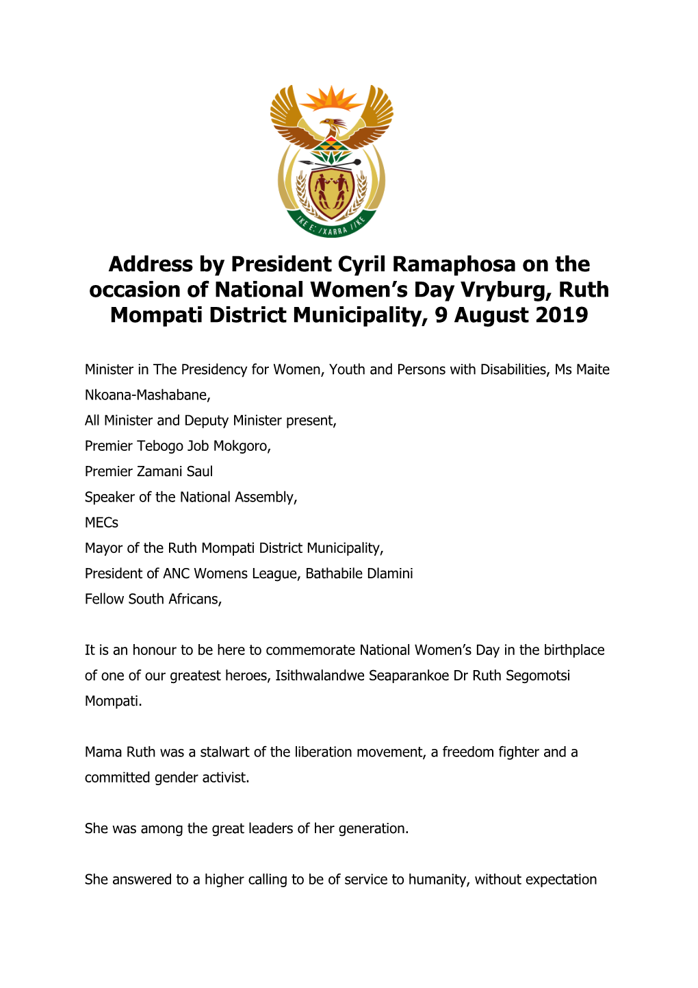 Address by President Cyril Ramaphosa on the Occasion of National Women’S Day Vryburg, Ruth Mompati District Municipality, 9 August 2019