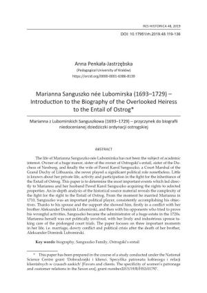 Marianna Sanguszko Née Lubomirska (1693–1729) – Introduction to the Biography of the Overlooked Heiress to the Entail of Ostrog*