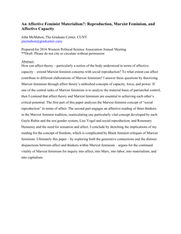 An Affective Feminist Materialism?: Reproduction, Marxist Feminism, and Affective Capacity