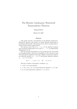 The Hermite–Lindemann–Weierstraß Transcendence Theorem