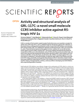 A Novel Small Molecule CCR5 Inhibitor Active Against R5-Tropic HIV-1S