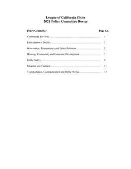 League of California Cities 2021 Policy Committee Roster