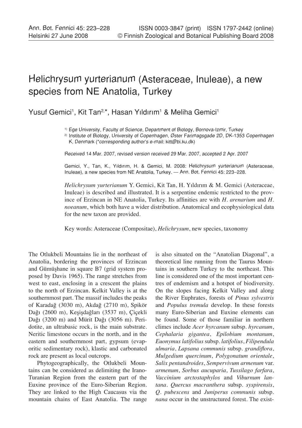 Helichrysum Yurterianum (Asteraceae, Inuleae), a New Species from NE Anatolia, Turkey