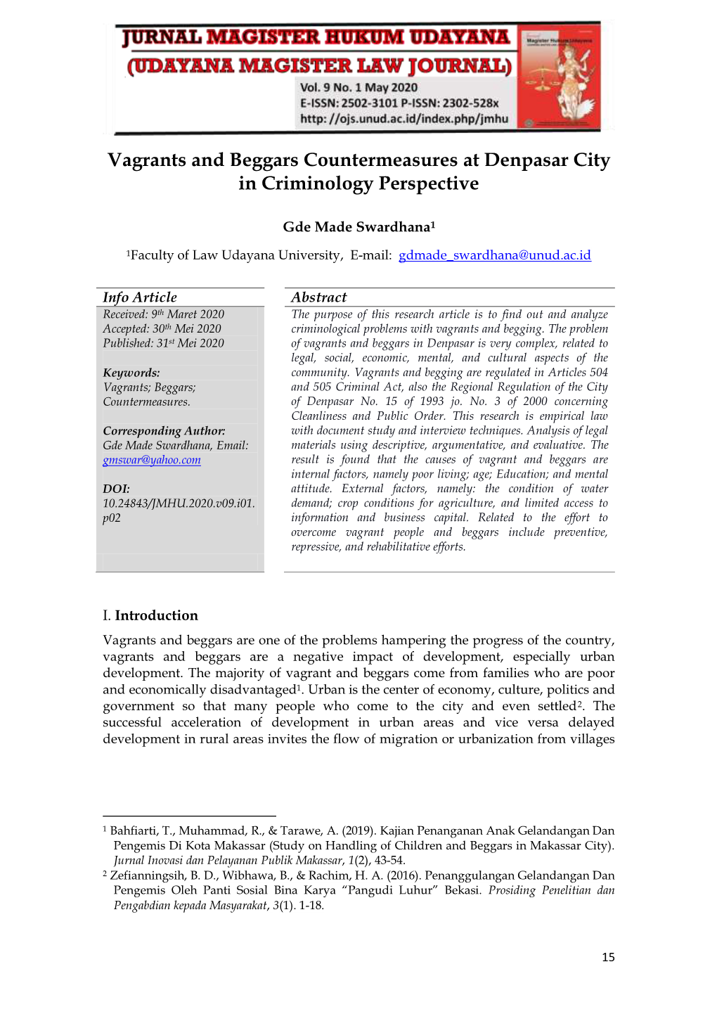 Vagrants and Beggars Countermeasures at Denpasar City in Criminology Perspective